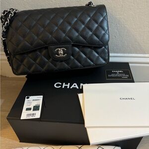 Chanel Jumbo Caviar Leather Black Classic Flap Bag. Silver Hardware -